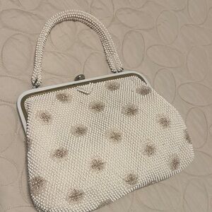 Chic Beaded Clutch in White and Tan